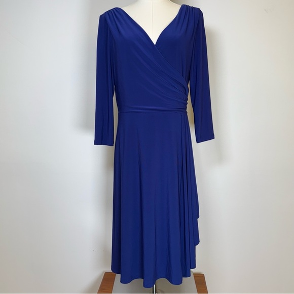 Lauren Ralph Lauren Classic Wrap Style Dress Ruched Deep Blue Women’s Size 10 - Picture 1 of 11
